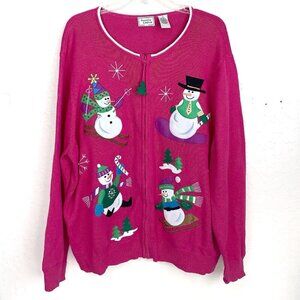Snowman Christmas Winter Cardigan Womens 2XL Pink Zip Close Appliqué Whimsical